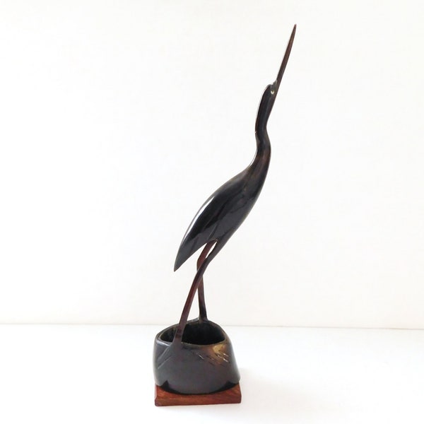 Natural Horn Hand Carved Heron Egret Crane Bird 12 in from India Wooden Base 1970s