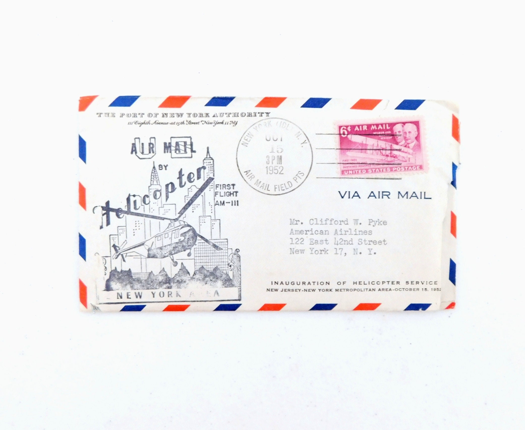 First Flight Cover Helicopter Air Mail New York New Jersey 1952 Port Authority Envelope with Letter Enclosed