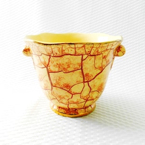 May include: A decorative ceramic vase with a cracked, textured pattern in shades of beige and reddish-brown. The vase has a scalloped rim, two small side handles, and a gold-colored trim around the base and rim. The interior is a light yellow color.