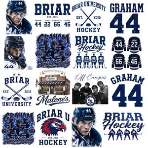 May include: A collection of Briar University hockey graphics featuring player portraits in helmets, jersey designs with numbers 44, 22, 66, and 46, hockey sticks, a puck, an eagle mascot logo, a building labeled Malone's, and a group photo of four young men.