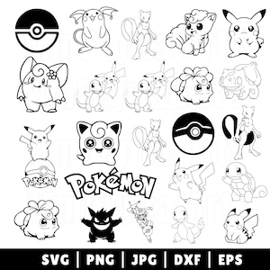 May include: Black and white line art illustrations of various Pok&eacute;mon characters and a Pok&eacute; Ball. The word "Pok&eacute;mon" is also displayed. The image includes file type indicators: SVG, PNG, JPG, DXF, and EPS.