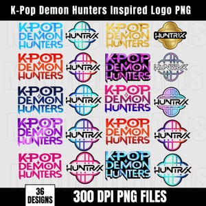 May include: A collection of 36 PNG designs featuring the "K-Pop Demon Hunters" logo in various colors. The logos include the text "K-Pop Demon Hunters" and "Huntrix" in a stylized font. The image also states "300 DPI PNG FILES".