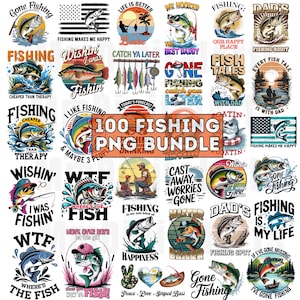 Könnte beinhalten: Eine Sammlung von 100 PNG-Grafiken zum Thema Angeln. Die Designs zeigen Fische, Angelruten und verschiedene Phrasen wie "Gone Fishing", "Fishing Makes Me Happy" und "Fish Tales". Die Farbpalette umfasst Blau-, Grün- und Rottöne.