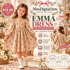 Op de afbeelding: Een digitaal naaipatroon voor de Emma-jurk van MmDigitalArts, met een beige gingham jurk met bloemenborduursel, lange mouwen en een geplooide rok. Inclusief PDF-bestanden, stapsgewijze instructies en een achteraanzicht.