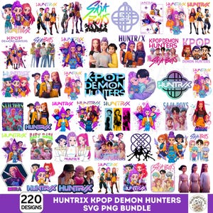 Può includere: Un pacchetto digitale di 220 design in formato SVG e PNG. L'immagine presenta illustrazioni in stile anime con elementi testuali. Le parole chiave includono "HUNTR/X", "KPOP DEMON HUNTERS" e "SAJA BOYS". Il tema generale è K-pop.