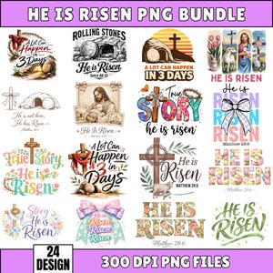 Może przedstawiać: Cyfrowy pakiet PNG z 24 wzorami o tematyce religijnej. Projekty obejmują krzyże, frazę „On zmartwychwstał” i inne obrazy związane z Wielkanocą. Obecny jest również tekst „300 DPI PNG FILES”.