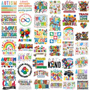 May include: A selection of vibrant graphic designs with text promoting autism awareness. The designs incorporate phrases such as "Autism", "Love needs no words", and "It's okay to be different". The images feature rainbows, puzzle pieces, and hearts.
