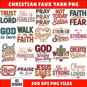 Può includere: Una collezione di design digitale con 62 file PNG a tema cristiano. I design includono citazioni e frasi ispiratrici come "Confida nel Signore" e "Gesù salva". Il testo è in vari font e colori, con un effetto filato finto.