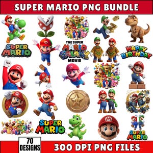 May include: A collection of 70 Super Mario PNG designs, featuring various characters and logos from the popular video game franchise. Includes images of Mario, Luigi, Yoshi, and other characters, with the text "SUPER MARIO PNG BUNDLE". The images are 300 DPI PNG files.