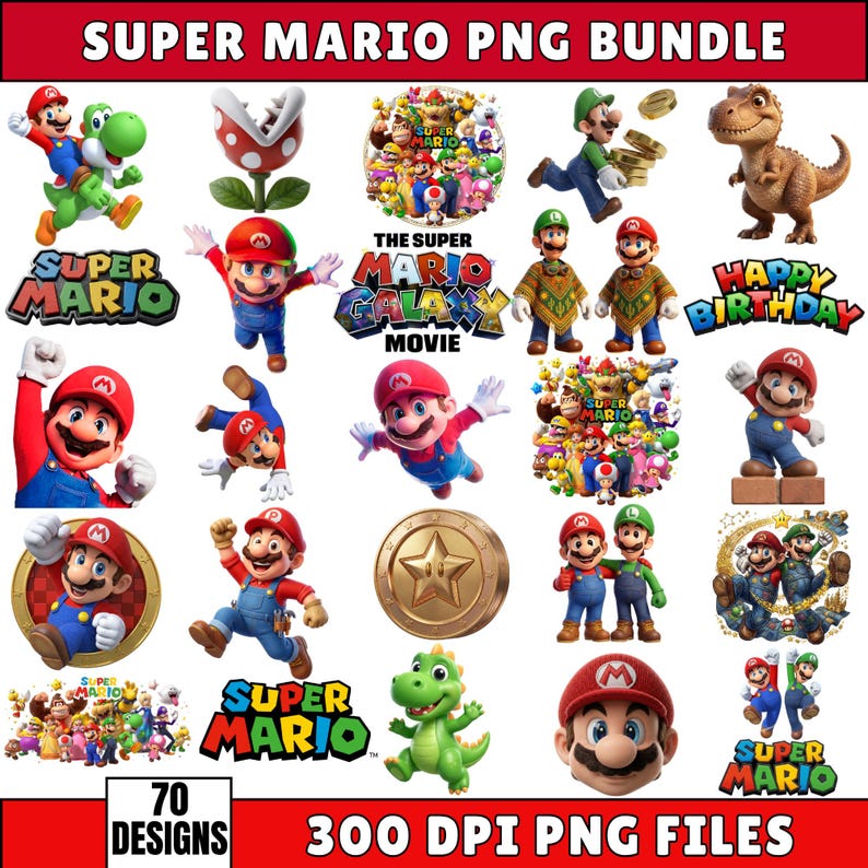 May include: A collection of 70 Super Mario PNG designs, featuring various characters and logos from the popular video game franchise. Includes images of Mario, Luigi, Yoshi, and other characters, with the text "SUPER MARIO PNG BUNDLE". The images are 300 DPI PNG files.