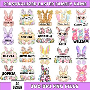 以下が含まれることがあります： イースターをテーマにしたデザインのコレクション。ウサギとカスタマイズ可能なテキストが特徴です。リボン、ニンジン、卵を持つウサギのデザインが含まれており、パーソナライズされたイースターギフトに最適です。「40 DESIGN」と「300 DPI PNG FILES」のテキストも含まれています。