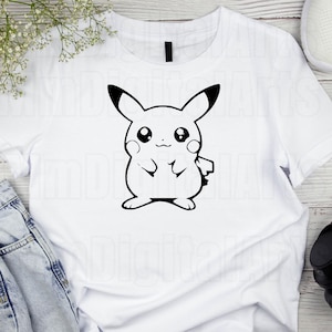 May include: White t-shirt featuring a black outline of Pikachu, a popular character. The design shows Pikachu with its arms at its sides, and its ears are black-tipped. The shirt is made of a soft material and is suitable for casual wear.