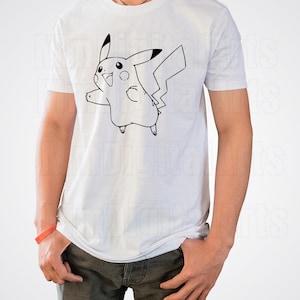 May include: White t-shirt featuring a black outline of Pikachu, a popular cartoon character. The design shows Pikachu with an open mouth and outstretched arm. The shirt is made of a soft material.