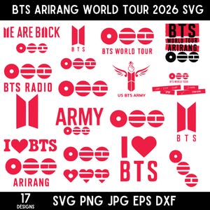 Puede incluir: Una colección de 17 diseños SVG rojos y blancos con texto y gráficos relacionados con BTS, incluyendo "BTS ARIRANG WORLD TOUR 2026", "BTS WORLD TOUR", "BTS RADIO" e "I ♥ BTS". Formatos: SVG, PNG, JPG, EPS y DXF.
