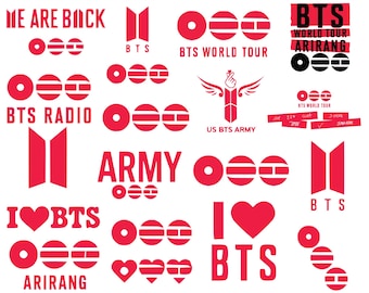 May include: A collection of 17 red and white SVG designs featuring text and graphics related to BTS, including "BTS ARIRANG WORLD TOUR 2026", "BTS WORLD TOUR", "BTS RADIO", and "I ♥ BTS". Formats include SVG, PNG, JPG, EPS, and DXF.