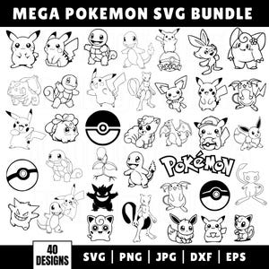 Puede incluir: Un paquete SVG Mega Pokemon en blanco y negro con 40 diseños. La imagen incluye varios personajes de Pokemon, el logotipo de Pokemon y el texto "SVG | PNG | JPG | DXF | EPS".