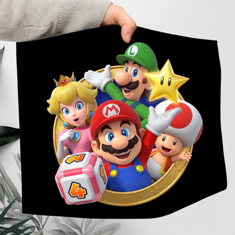 May include: A black square featuring a colorful illustration of Mario, Luigi, Princess Peach, Toad, and a star. Mario is wearing a red hat and overalls, and Luigi is in green. The characters are set against a gold circular frame.