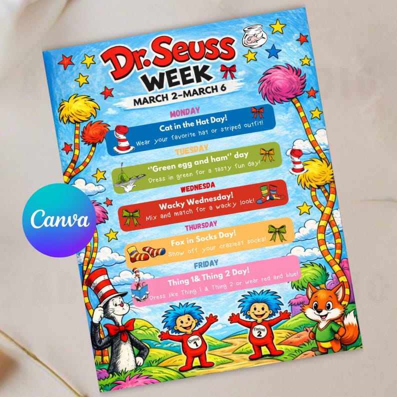 Editable Dr Sauss Read Across America Template, Spirit Week Flyer ...