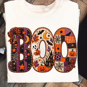 Halloween BOO PNG, Patchwork BOO sublimatieontwerp, Leuk griezelig Halloween shirt PNG, Pompoen spook vleermuis strik, Herfst T-shirt ontwerp, Halloween