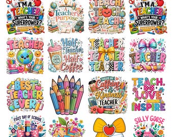 44 Teacher PNG Bundle, Boho Teacher Shirt Designs, Teacher Appreciation PNG, Rainbow Teacher Life Png, Back to School Png, Digital Download
