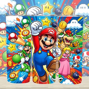 May include: A colorful tumbler featuring characters from the Super Mario video game series. The design includes Mario, Luigi, Yoshi, Princess Peach, Bowser, and various game elements like coins, stars, and mushrooms. The background is a vibrant mix of blue, red, and yellow.
