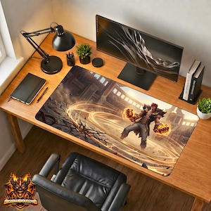 May include: A rectangular gaming mousepad featuring a dynamic illustration of a character with glowing fists. The design incorporates a cracked ground effect and golden energy trails, set against a detailed background. The mousepad is on a wooden desk.