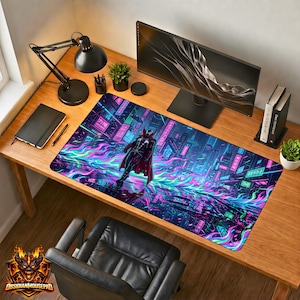 May include: A rectangular desk mousepad featuring a vibrant, neon-lit cityscape with a central figure in a red cape. The design incorporates shades of blue, purple, and green. The mousepad is on a wooden desk with a computer monitor, lamp, and other office supplies.