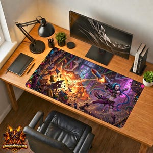 May include: A large rectangular mousepad featuring a vibrant illustration of a character with blue hair and purple clothing, firing a rocket launcher amidst an explosion. The mousepad is on a wooden desk with a computer monitor, lamp, and other office supplies.