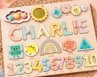 Juega, aprende y deletrea su nombre: tablero de actividades personalizado para niños pequeños - Tablero Montessori de formas y números para preescolares