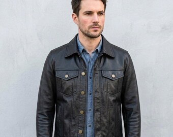 Herren Leder Trucker Jacke, Schwarze Klassische Knopfleiste Jacke, Vintage Workwear Ledermantel, Jeden Tag Kulturerbe Oberbekleidung