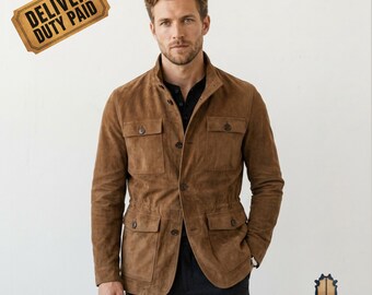 Giacca da campo da uomo in pelle scamosciata color cuoio, cappotto safari senza cintura con collo alto, giacca classica in pelle scamosciata, capospalla pratico