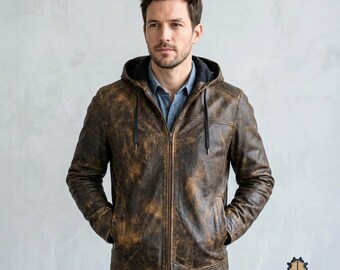 Chaqueta de cuero con capucha para hombre, chaqueta marrón desgastada con cremallera y capucha, abrigo de cuero estilo streetwear vintage, prenda exterior informal para el día a día.
