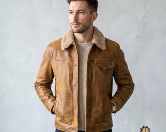 Herren Lammfell Lederjacke, Tan Distressed Trucker Mantel mit Pelzkragen, Vintage Winter Lederjacke, Erben Casual Oberbekleidung