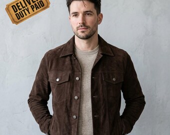 Mens Suede Leather Jacket, Dark Brown Trucker Button Front Jacket, Classic Workwear Suede Coat, Everyday Heritage Outerwear