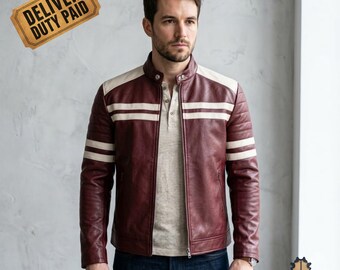 Giacca da corsa in pelle bordeaux da uomo, giacca cafe racer con dettagli a righe, cappotto in pelle slim fit con collo alto, giacca da motociclista