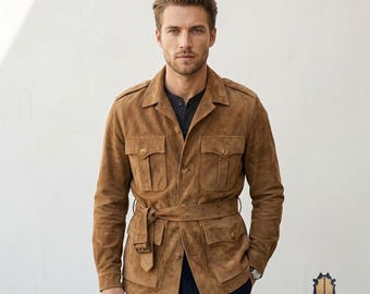 Veste militaire en daim pour homme, saharienne marron clair avec ceinture avec quatre poches, veste en cuir suédée Heritage classique, vêtements d'extérieur utilitaires