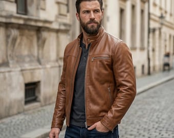 Brown Cafe Racer Lederjacke für Herren, Cognac Stehkragen Motorradjacke Herren, Slim Fit Biker Ledermantel, Racing Lederjacke