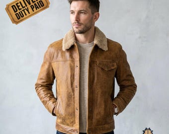 Mens Shearling Leather Jacket, Tan Distressed Trucker Coat with Fur Collar, Vintage Winter Leather Jacket, Heritage Casual Outerwear