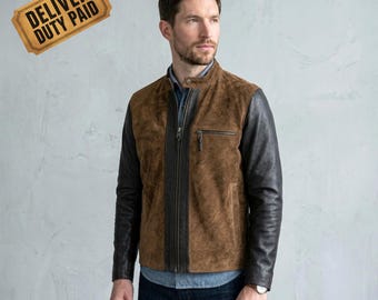 Giacca da uomo in pelle scamosciata, giacca da caffè racer bicolore marrone chiaro e marrone, cappotto in pelle con collo alto e cerniera, capospalla vintage Heritage