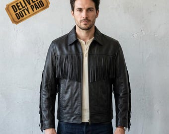 Giacca da uomo in pelle con frange, giacca da cowboy western nera con lunghe frange, cappotto in pelle con colletto classico e chiusura a zip, capospalla boho per festival.