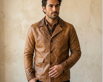 Herren Leder Blazer Jacke, Distressed Cognac Braun Knopfleiste Mantel, Kerben Revers Vintage Lederjacke, Erben Casual Oberbekleidung