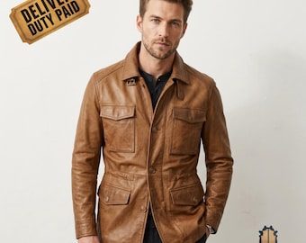 Mens Cognac Leather Field Jacket, Tan Military Safari Coat with Four Pockets, Classic Heritage Leather Jacket, Everyday Utility Outerwear
