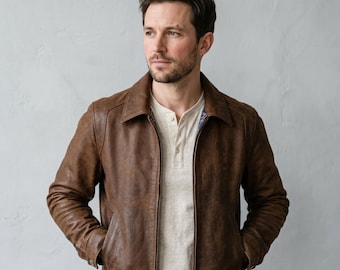 Braune Leder Harrington Jacke für Herren, Distressed Vintage Point Kragen Mantel, Slim Fit Lederjacke mit Reißverschluss Herren, Heritage Casual Wear