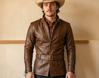 Herren Lederjacke mit Gürtel, brauner Western Frontier Ledermantel mit seitlicher Schnürung, Stehkragen Ranchjacke, Renaissance Faire Leder