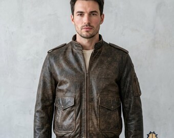 Herren Leder Fliegerjacke, Braune Distressed A2 Militärjacke, Vintage Bombermantel mit Schulterklappen, Erb Freizeit Oberbekleidung
