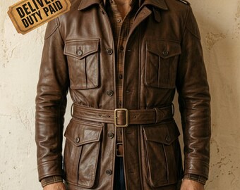 Mens Field Leather Jacket, Brown Safari Adventure Jacket for Men, Heritage Belted Leather Coat, Four Pocket Button Front Leather Jacket