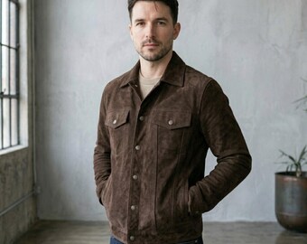 Herren Wildlederjacke, dunkelbraune Trucker Jacke mit Knopfleiste, klassischer Workwear Wildledermantel, Alltags-Heritage-Oberbekleidung