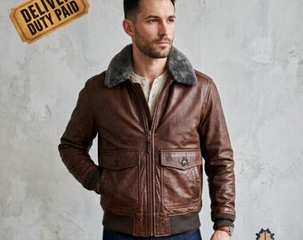 Mens Brown Leather Bomber Jacket, Shearling Collar Flight Jacket with Removable Fur, Vintage Distressed Leather Coat, Heritage Outerwear