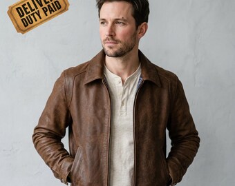 Giacca Harrington da uomo in pelle marrone, cappotto vintage effetto invecchiato con colletto a punta, giacca in pelle slim fit con cerniera, abbigliamento casual di tendenza