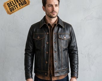 Mens Brown Leather Trucker Jacket, Distressed Vintage Button Front Jacket, Classic Workwear Leather Coat, Heritage Casual Outerwear